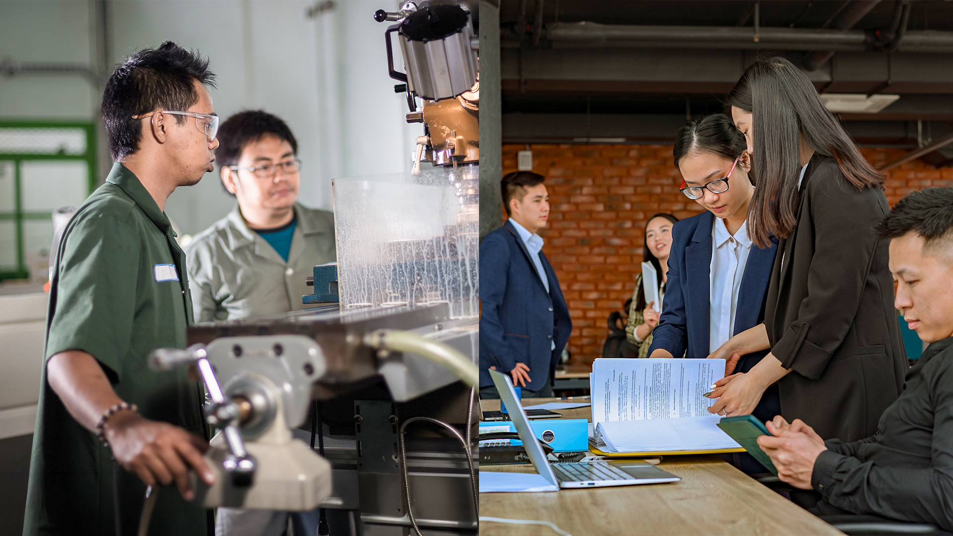 GoSolar Philippines engineers inspecting equipment on a plant floor beside a team reviewing energy profiling documents in a meeting