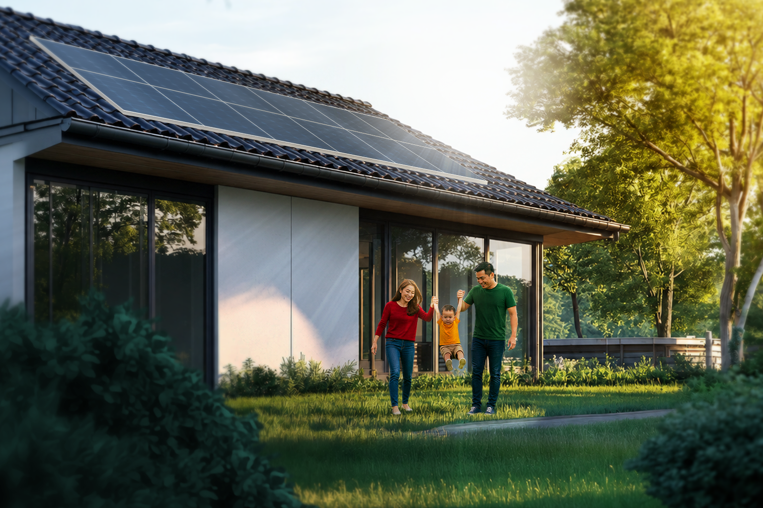A Filipino couple stepping out of their modern home with rooftop solar panels catching the afternoon sun