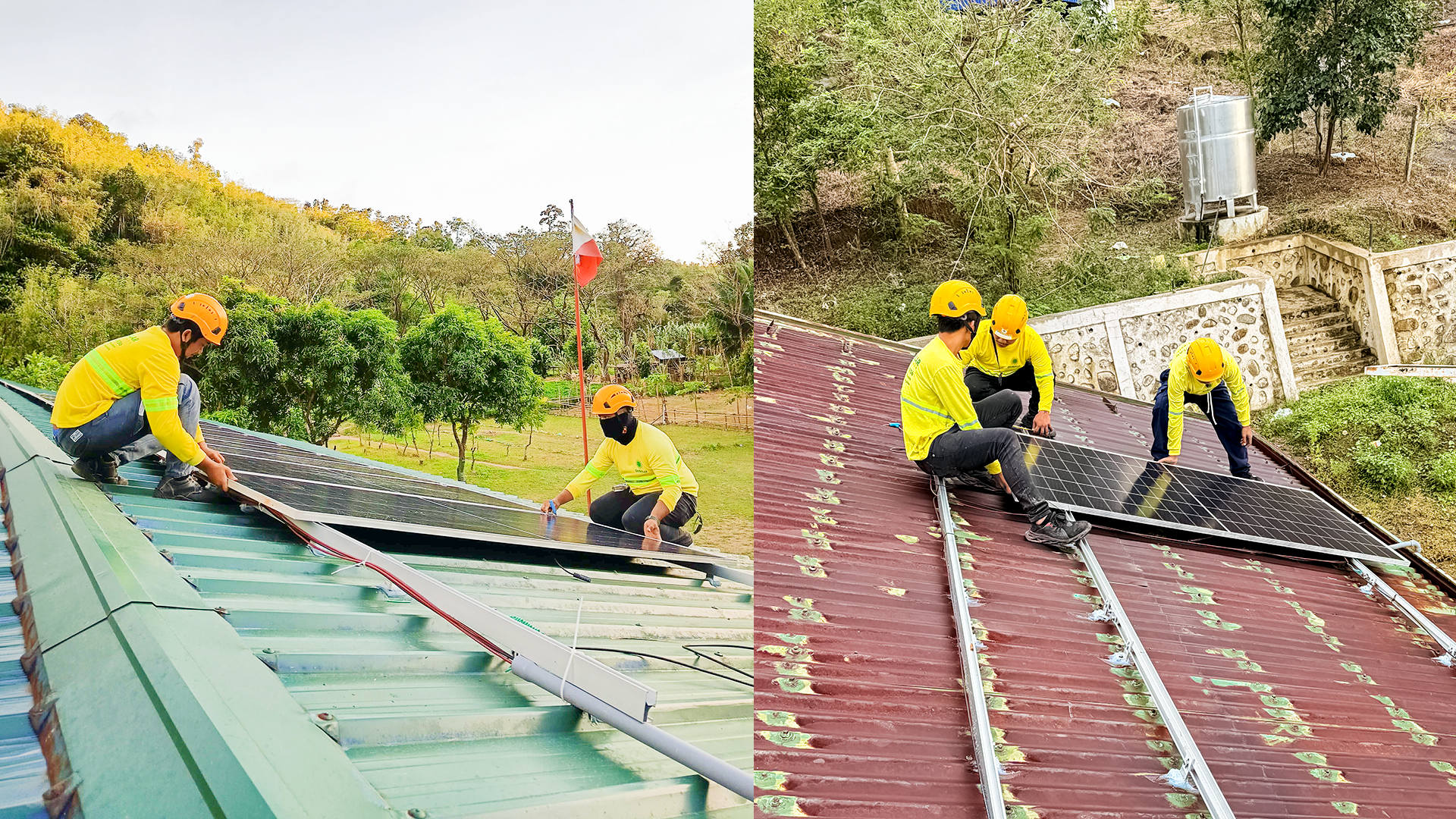 GoSolar Philippines installers in safety gear mounting solar panels on school roofs
